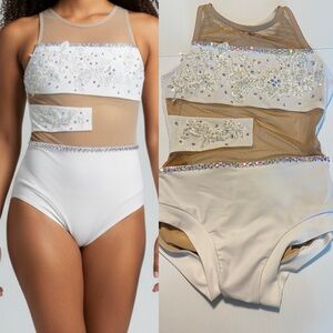 AA dance solo costume white meadow leotard mesh cut out custom rhinestoned LC
